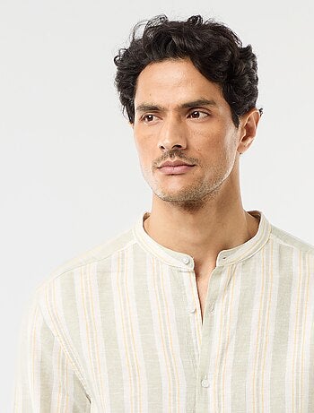 Chemise rayée col mao et manches retroussables