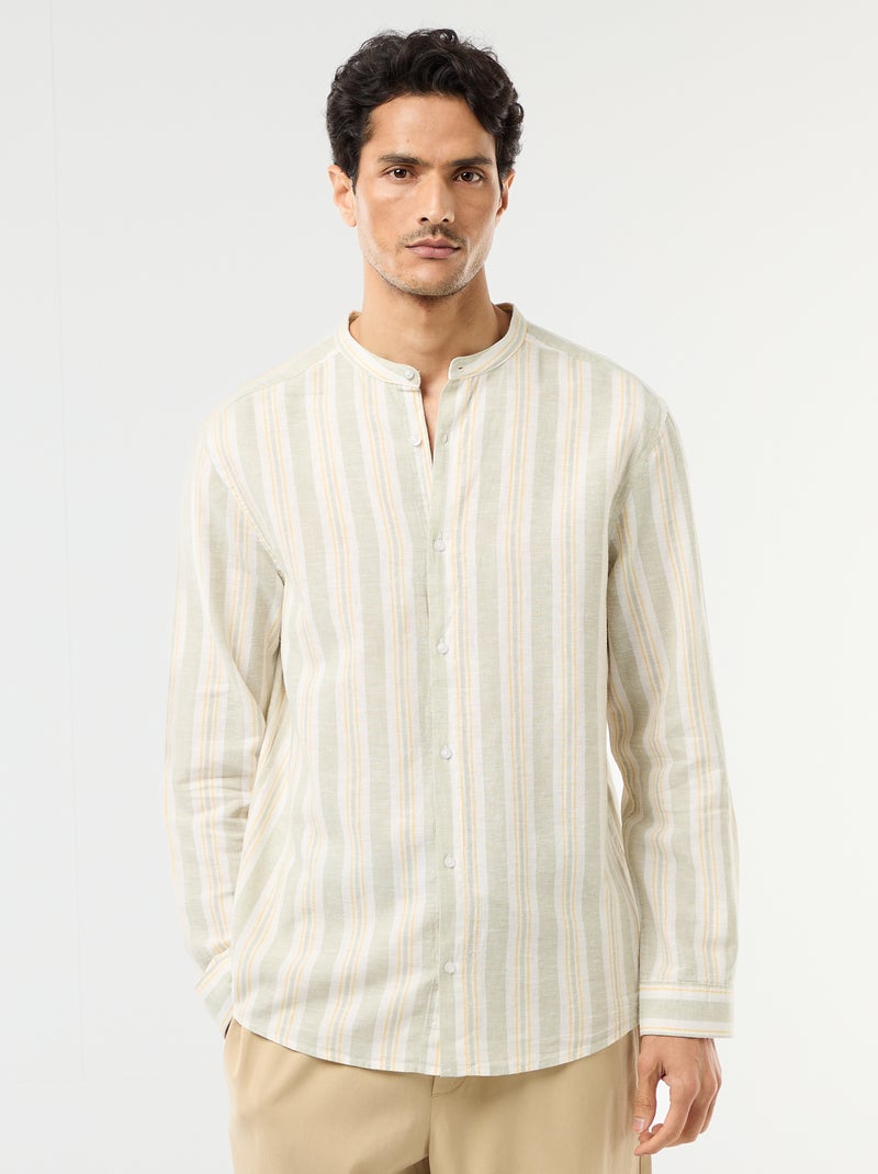 Chemise rayée col mao et manches retroussables Vert - Kiabi