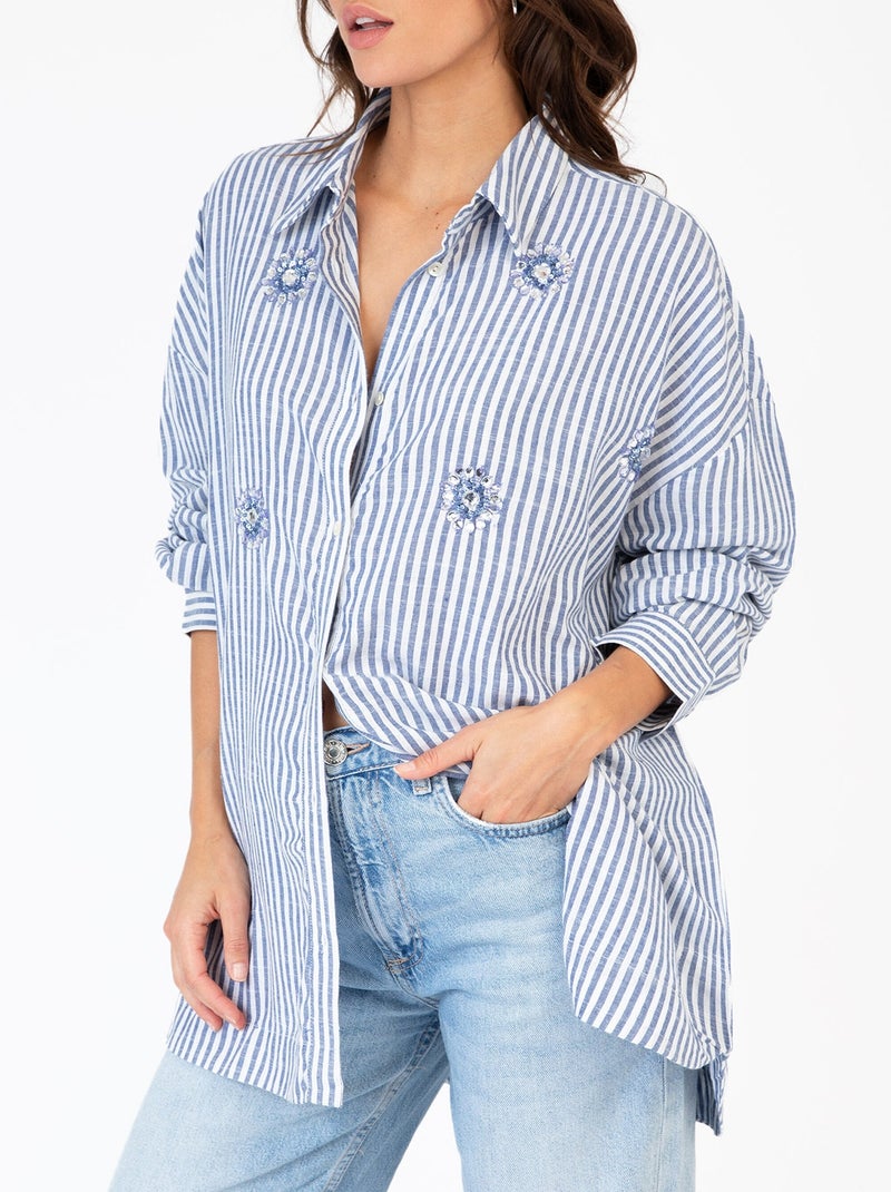 Chemise rayée coton détails bijoux - AFIBEL Bleu - Kiabi