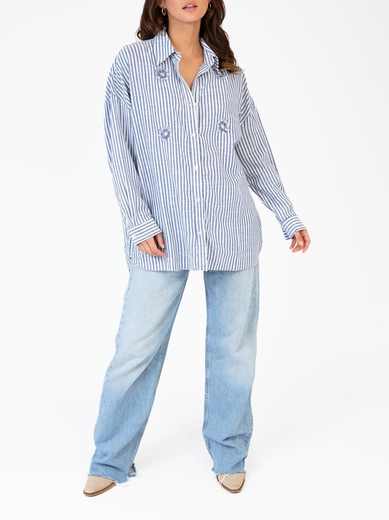 Chemise rayée coton détails bijoux - AFIBEL Bleu - Kiabi
