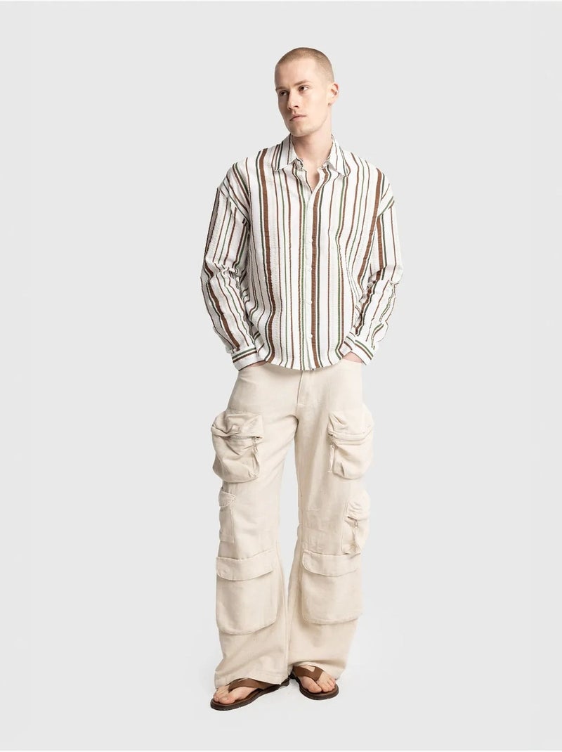 Chemise rayée en coton coupe décontractée giesto Kaki - Kiabi