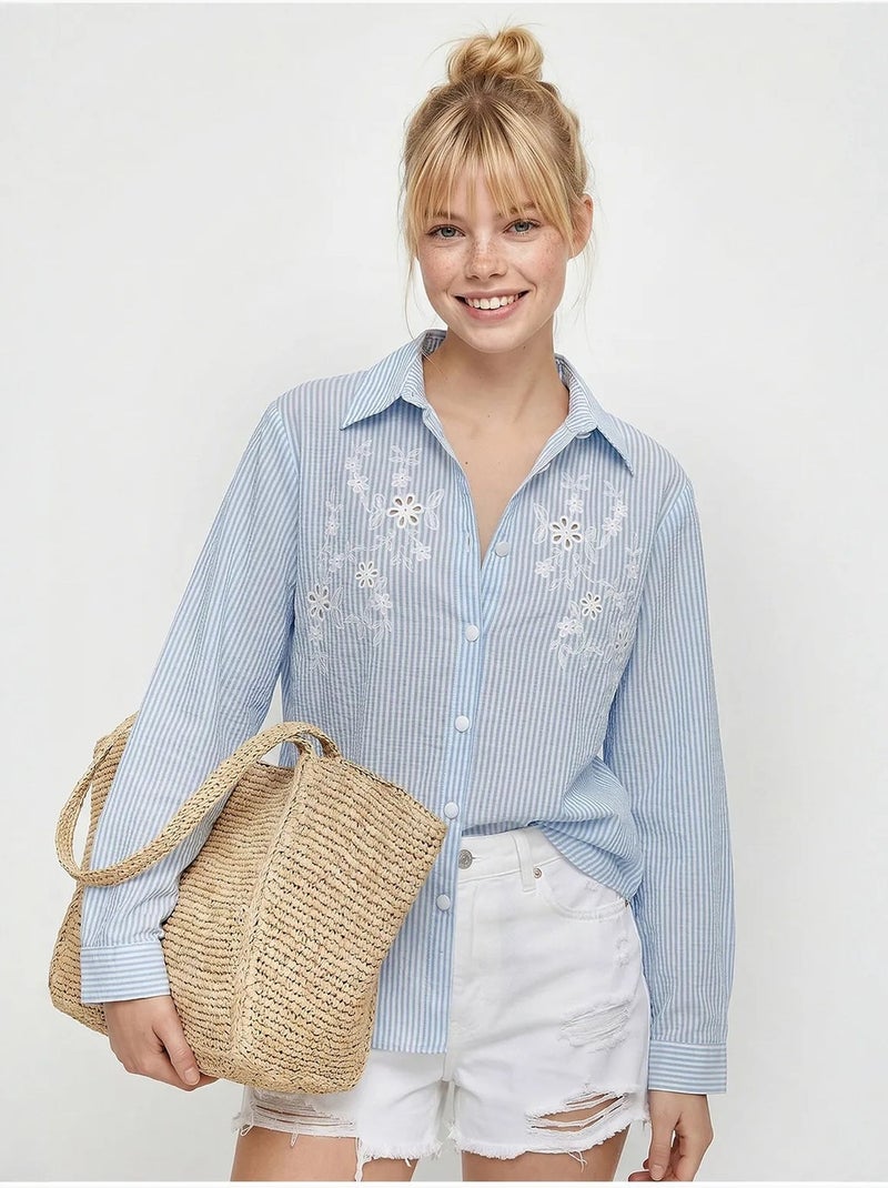Chemise rayée en popeline avec broderie lucci Bleu ciel - Kiabi