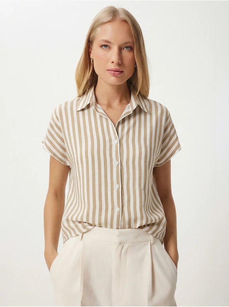 Chemise rayée en viscose à manches courtes istanbul Beige clair - Kiabi