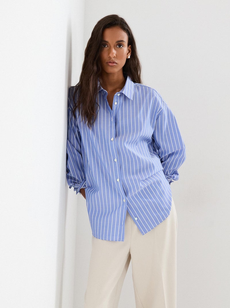 Chemise Bleue Rayée à Manches Longues Grf Collection - Taille M/38 - 100% Coton - Occasion Très Bon état