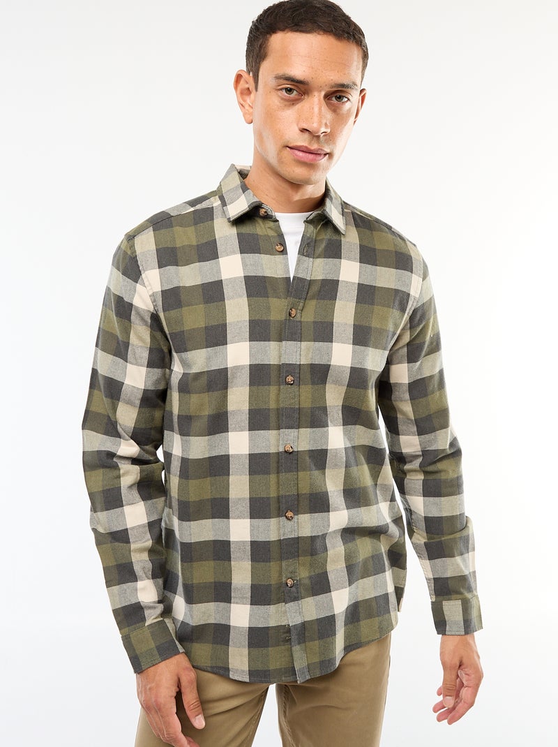 Chemise regular à carreaux Kaki - Kiabi