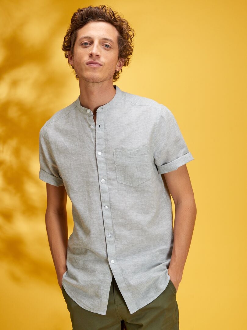 Chemise regular en lin à col mao Vert gris - Kiabi