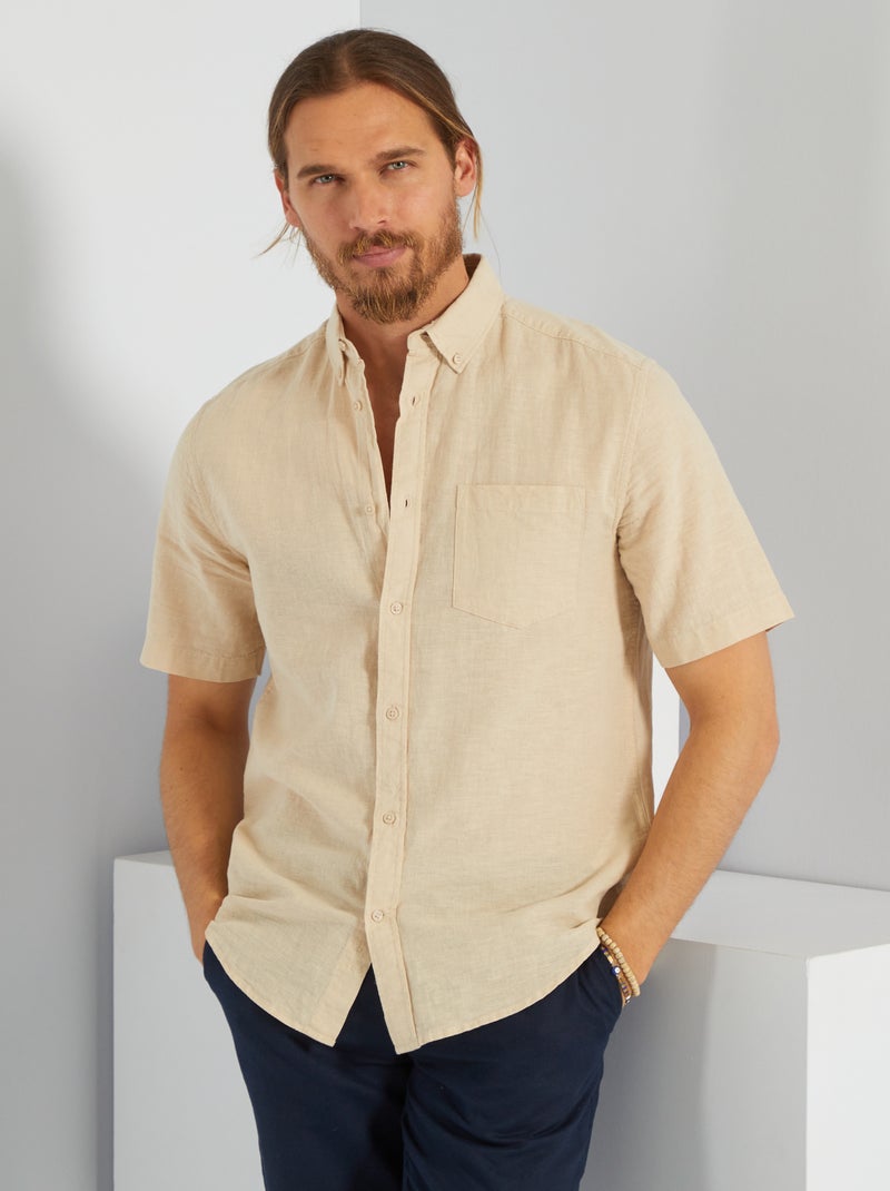 Chemise regular en lin et coton beige crème - Kiabi