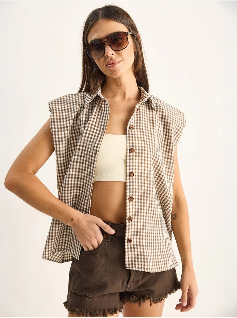 Chemise sans manches en coton à carreaux vichy lucci Beige argile - Kiabi
