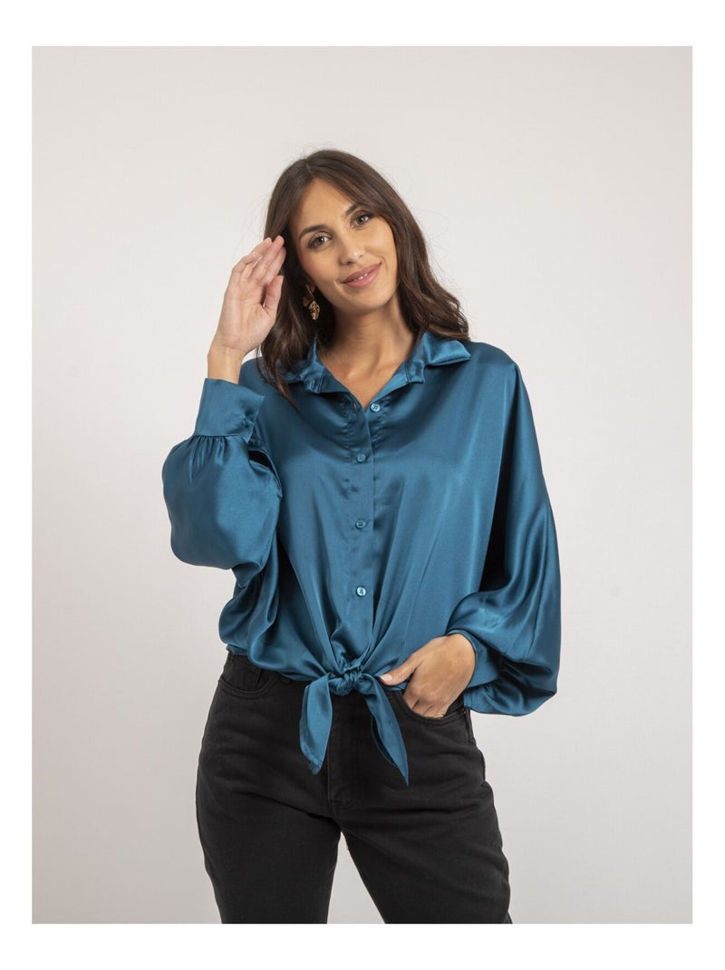 Chemise satin à nouer OBANA Bleu canard - Kiabi