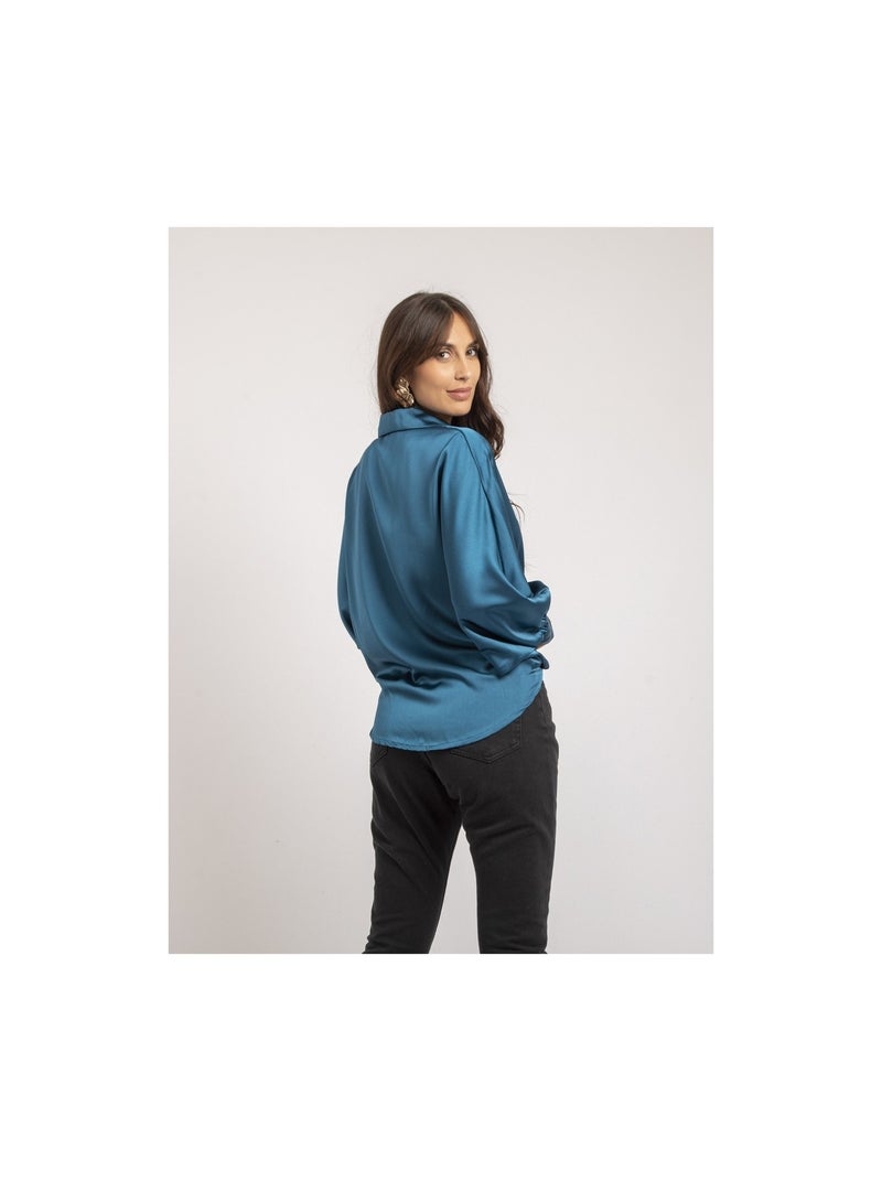 Chemise satin à nouer OBANA Bleu canard - Kiabi