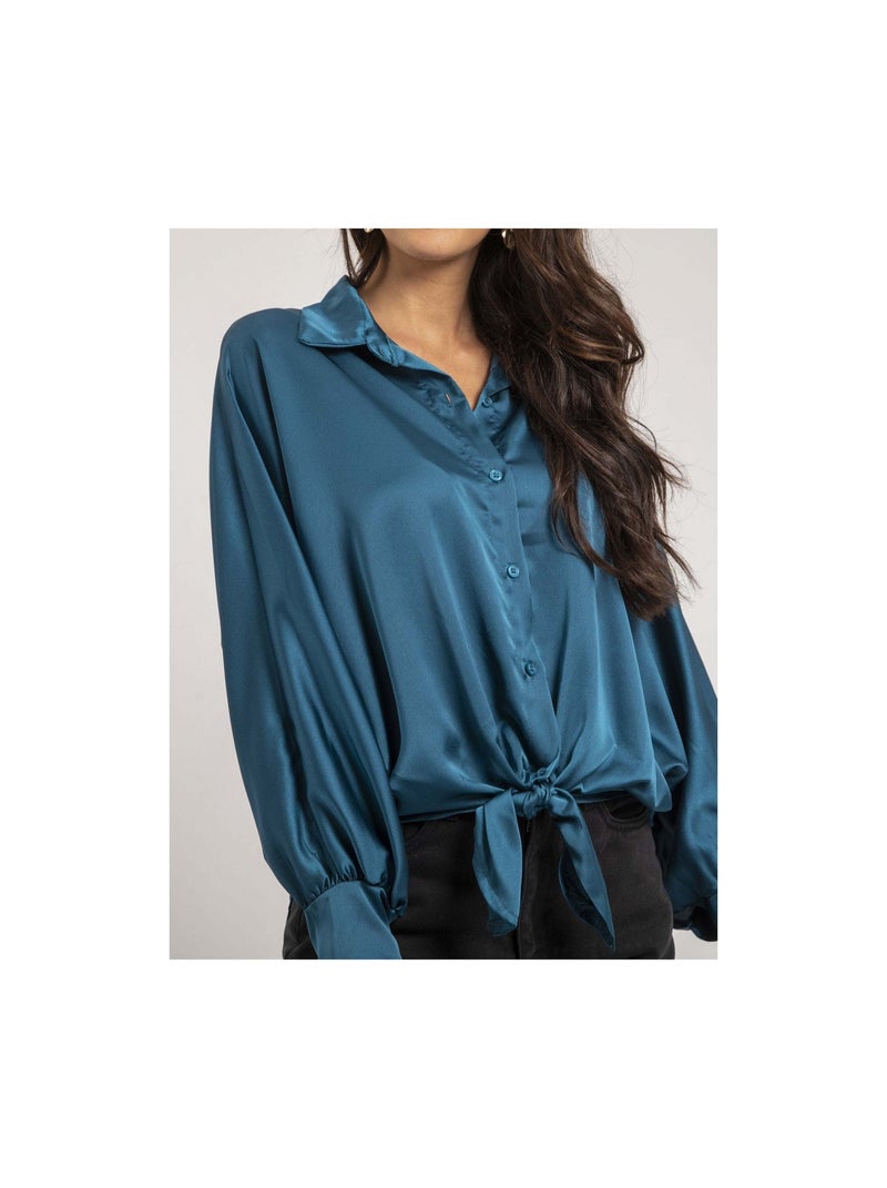 Chemise satin à nouer OBANA Bleu canard - Kiabi