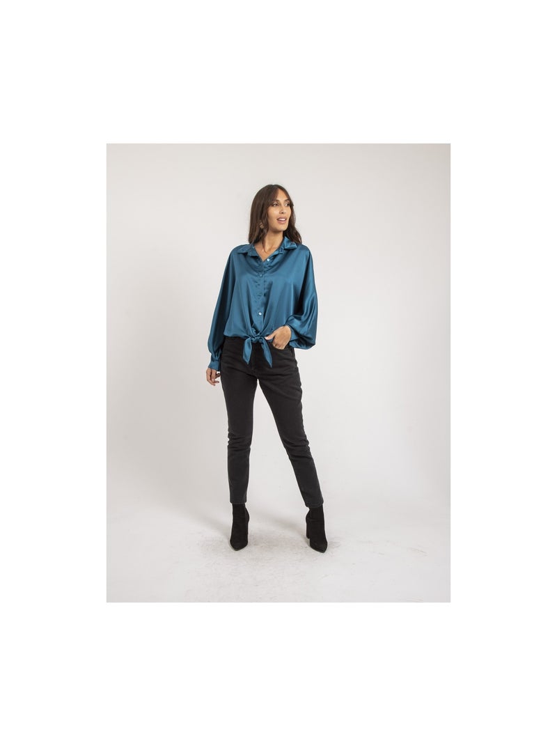 Chemise satin à nouer OBANA Bleu canard - Kiabi