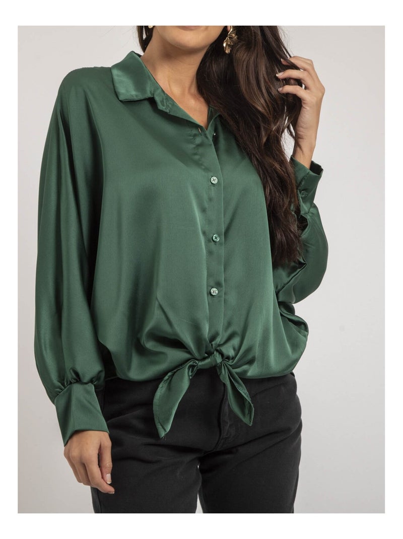 Chemise satin à nouer OBANA Vert forêt - Kiabi