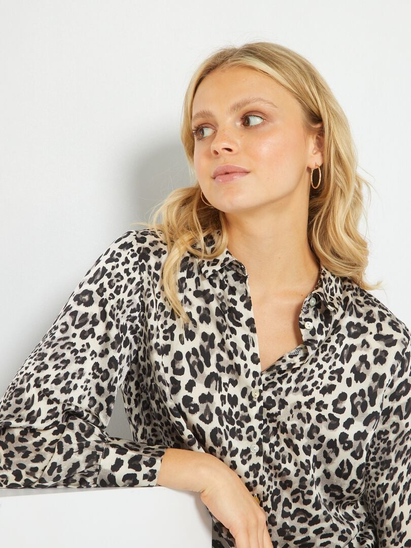 Haut Femme Taille L - Manches, Col Et Bas En Satin Gris Imprimé - Comme Neuf