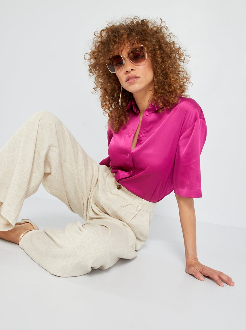 Chemise satinée manches courtes Violet - Kiabi