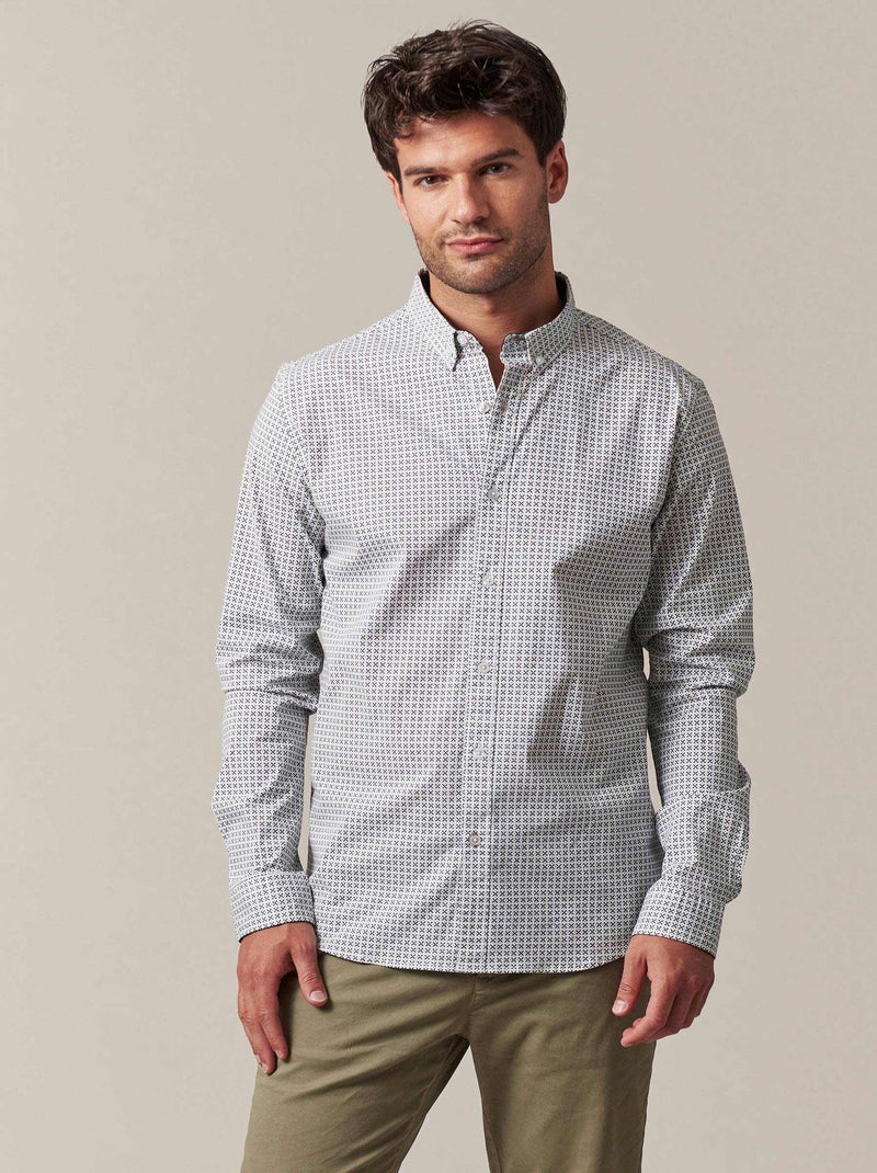 Chemise stretch avec micro motif bicolore et intérieur col et poignets contrastés 'Deeluxe' Ecru - Kiabi