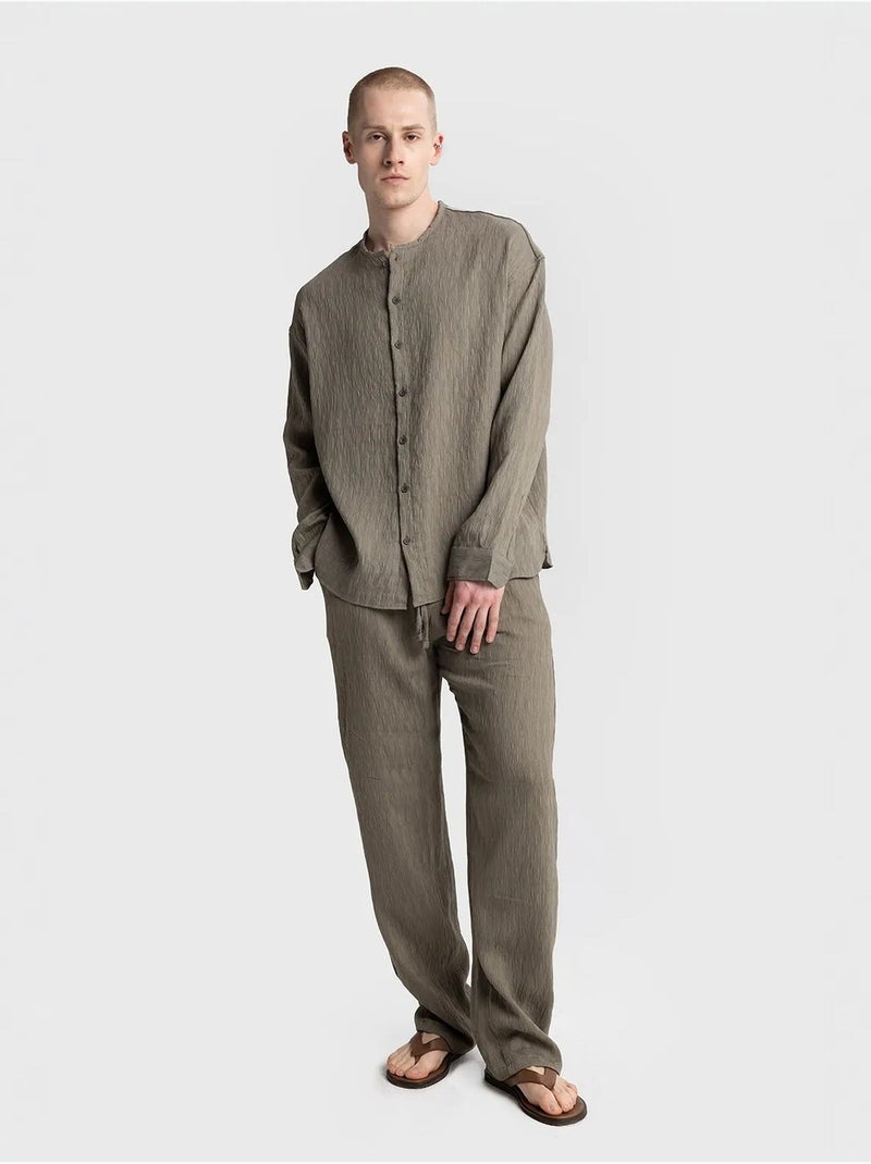 Chemise texturée à manches longues et col rond giesto Kaki - Kiabi