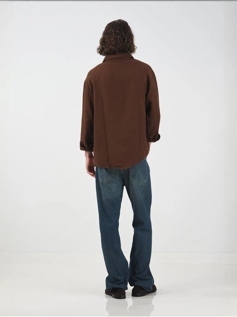 Chemise texturée tissée à manches longues et boutonnée giesto Marron - Kiabi