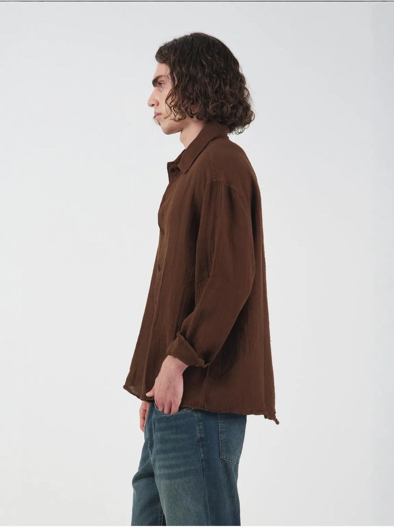 Chemise texturée tissée à manches longues et boutonnée giesto Marron - Kiabi