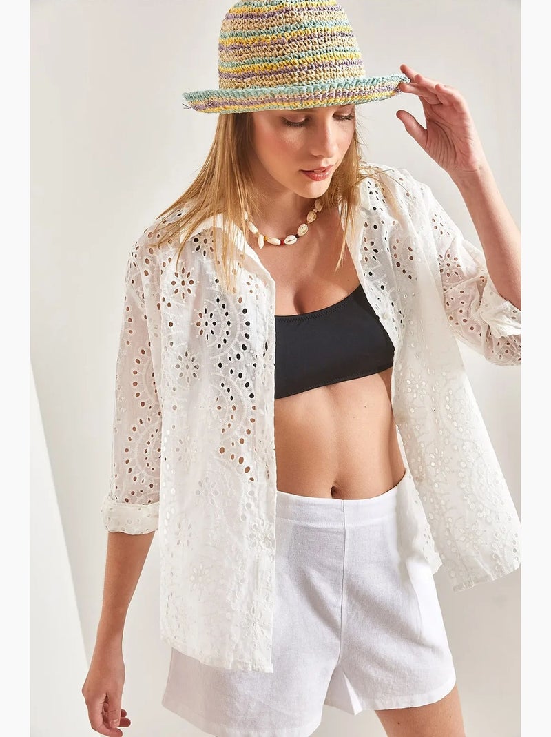 Chemise tissée brodée en dentelle lucci Blanc - Kiabi