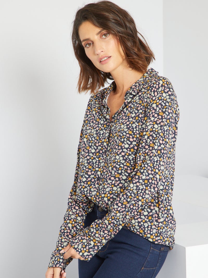 Chemise tunique fluide à fleurs Bleu marine - Kiabi