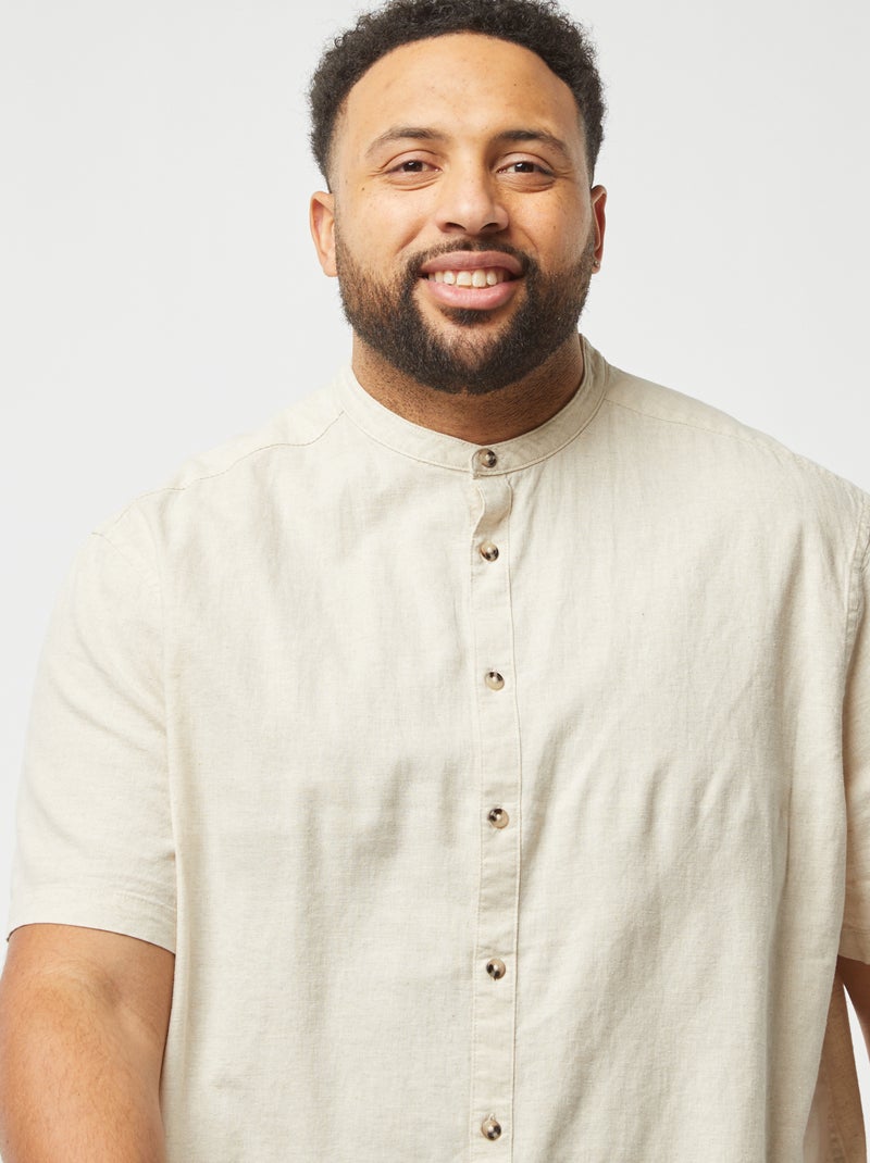 Chemise unie à manches courtes en lin mélangé beige - Kiabi