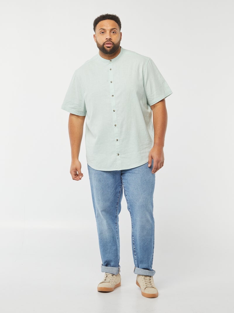 Chemise unie à manches courtes en lin mélangé bleu - Kiabi