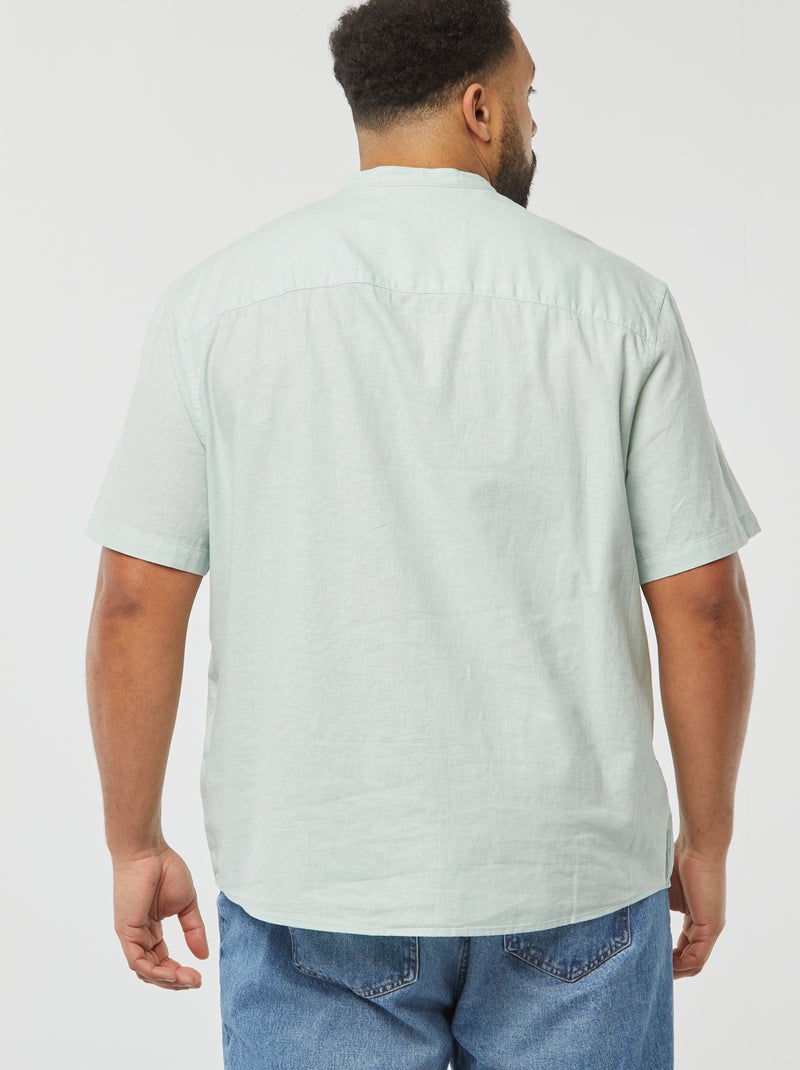 Chemise unie à manches courtes en lin mélangé bleu - Kiabi