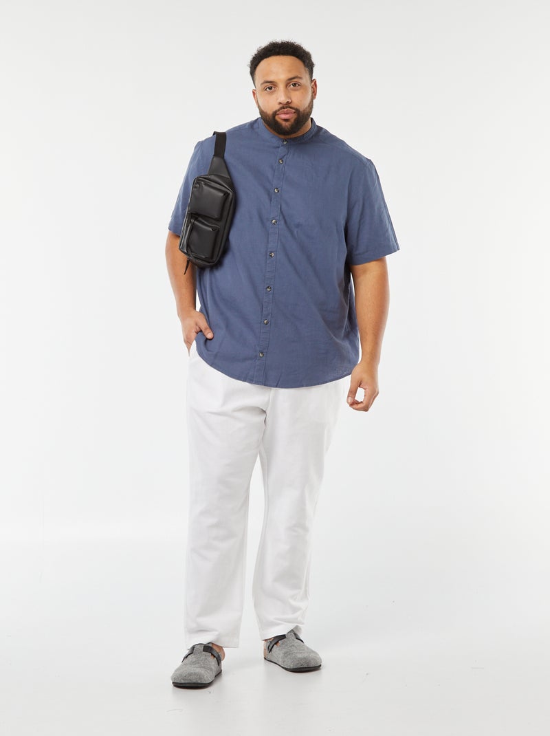 Chemise unie à manches courtes en lin mélangé Bleu - Kiabi