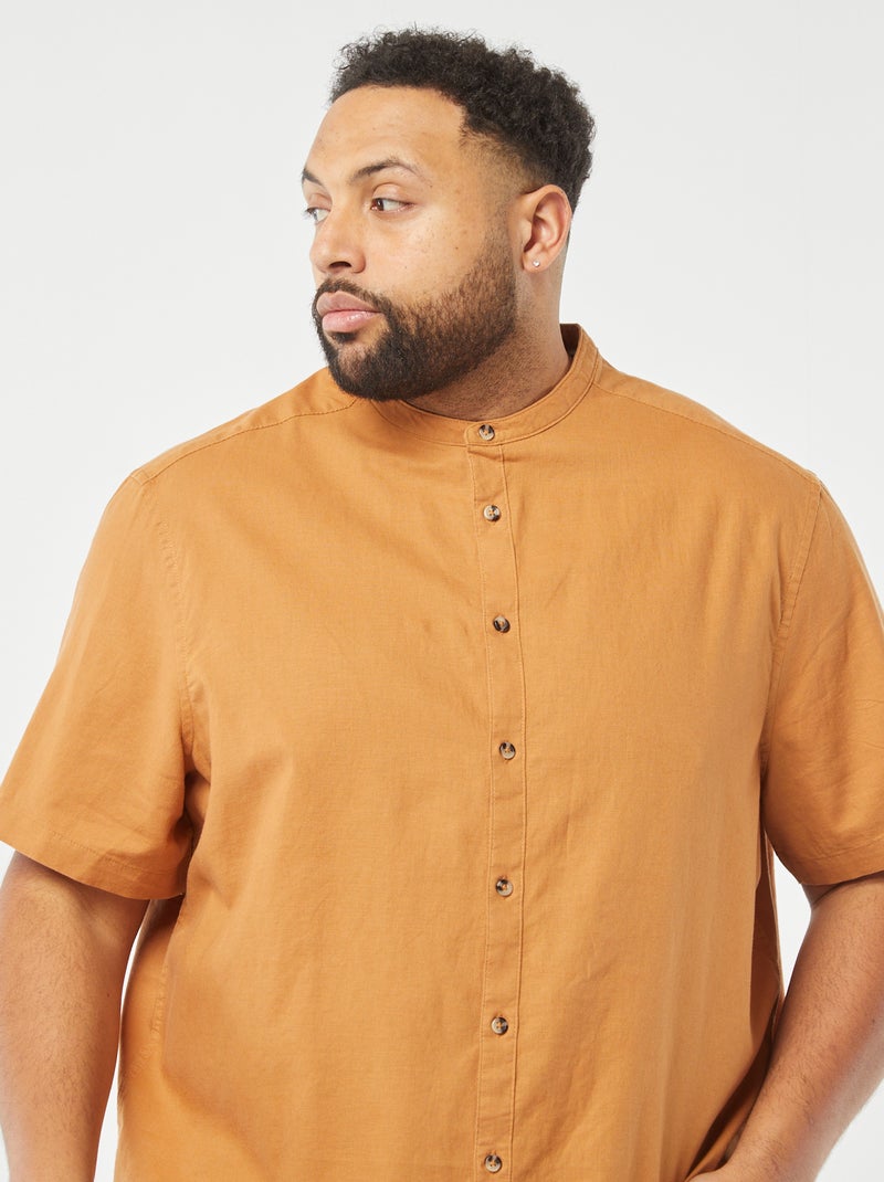 Chemise unie à manches courtes en lin mélangé MARRON - Kiabi