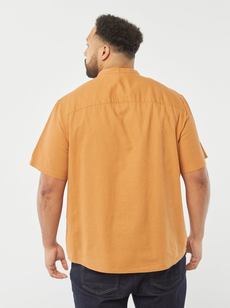 Chemise unie à manches courtes en lin mélangé MARRON - Kiabi