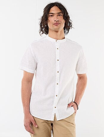 Chemise unie à manches courtes et col mao en lin mélangé