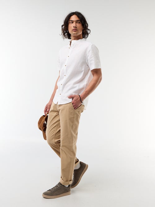 Chemise unie à manches courtes et col mao en lin mélangé - Kiabi