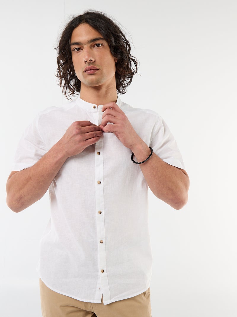Chemise unie à manches courtes et col mao en lin mélangé Blanc - Kiabi