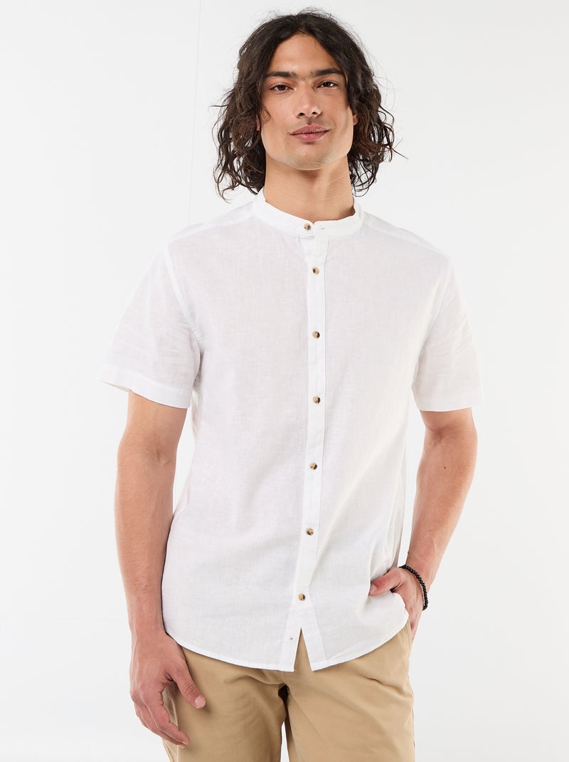 Chemise unie à manches courtes et col mao en lin mélangé Blanc - Kiabi