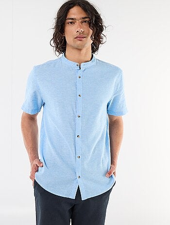 Chemise unie à manches courtes et col mao en lin mélangé