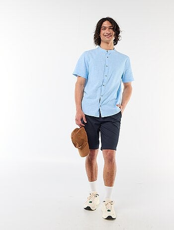 Chemise unie à manches courtes et col mao en lin mélangé