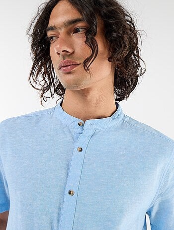Chemise unie à manches courtes et col mao en lin mélangé