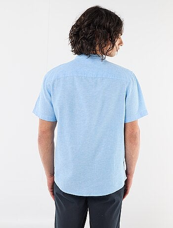 Chemise unie à manches courtes et col mao en lin mélangé