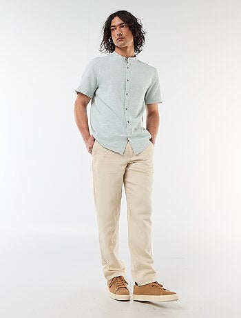 Chemise unie à manches courtes et col mao en lin mélangé