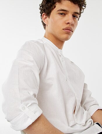 Chemise unie avec col mao et manches retroussables