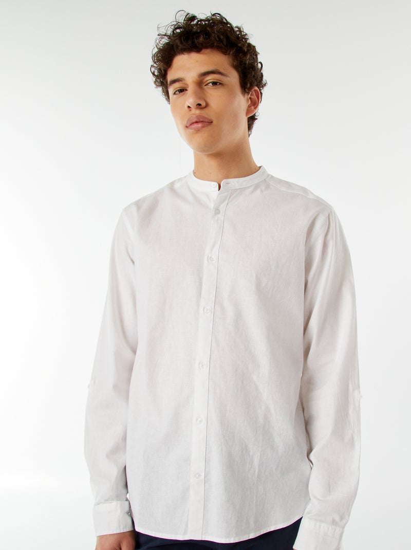 Chemise unie avec col mao et manches retroussables blanc - Kiabi