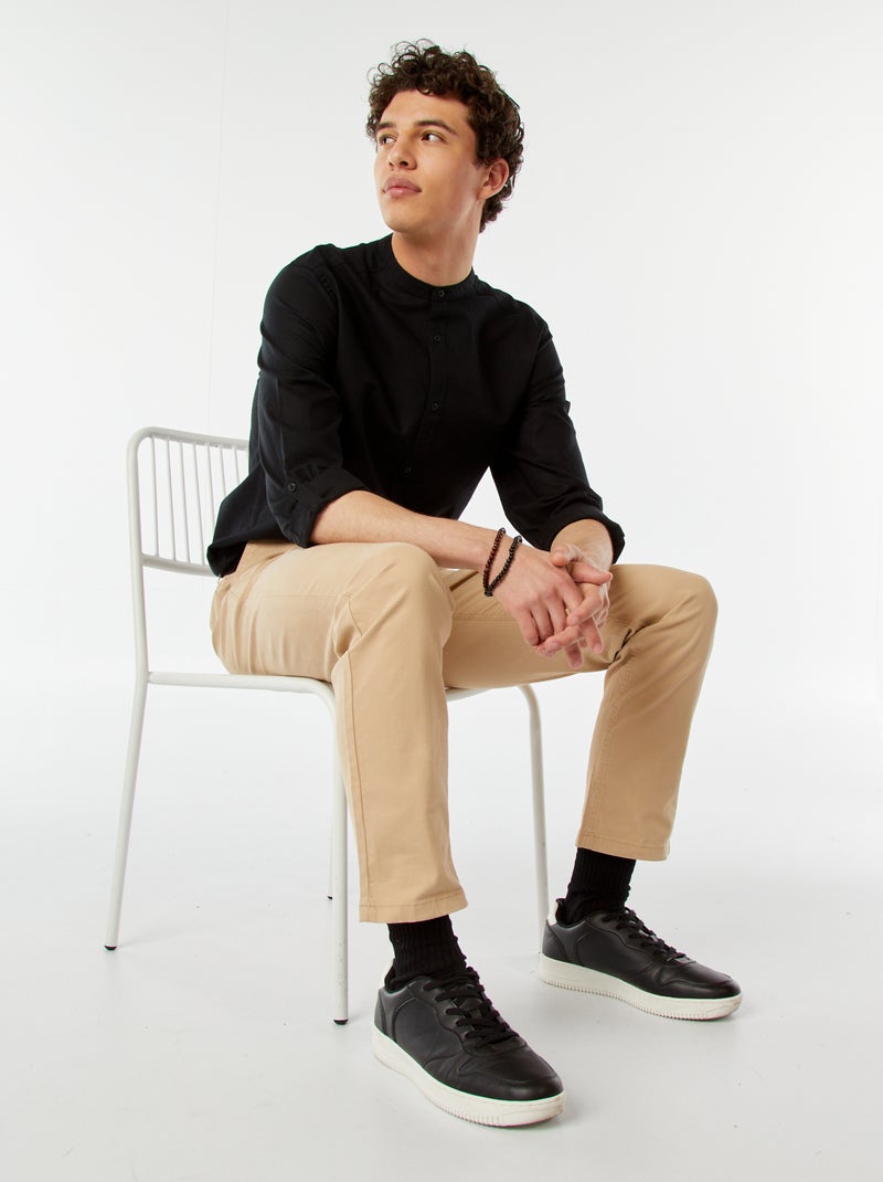 Chemise unie avec col mao et manches retroussables noir - Kiabi