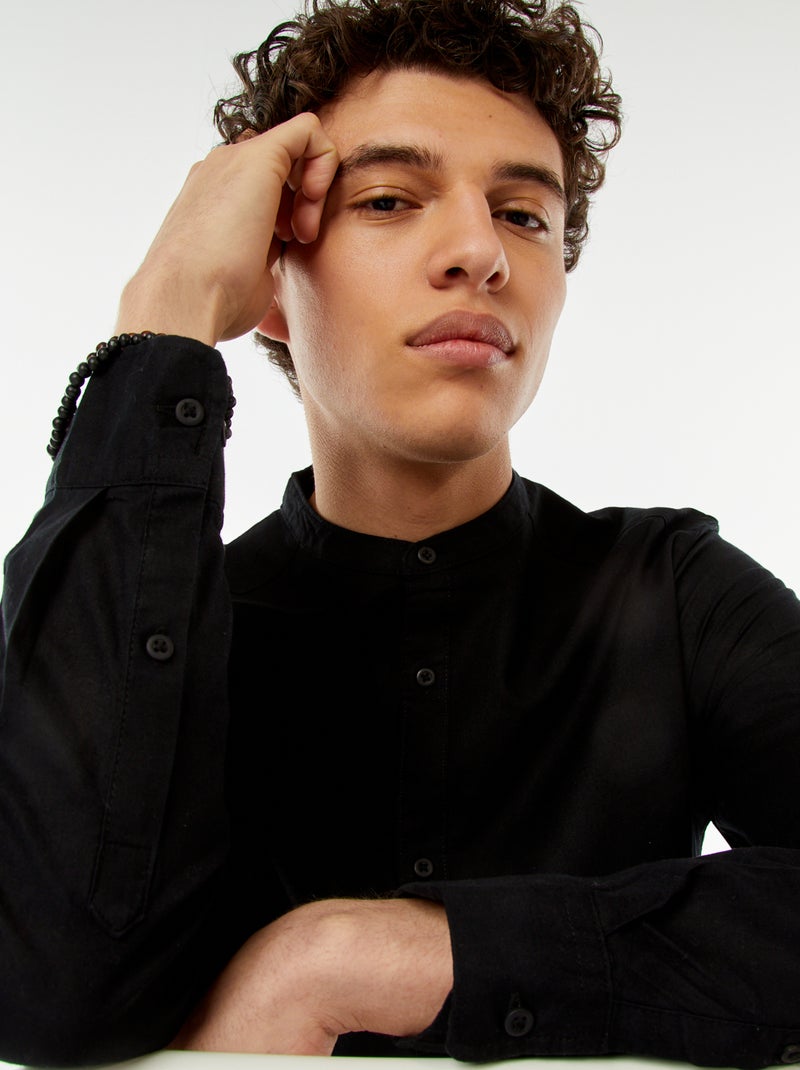 Chemise unie avec col mao et manches retroussables noir - Kiabi