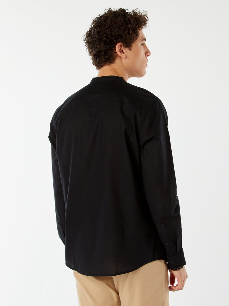 Chemise unie avec col mao et manches retroussables noir - Kiabi
