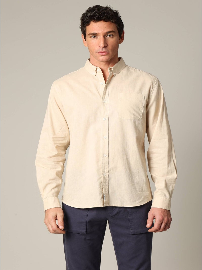 Chemise unie classique en lin avec manches longues et boutons 'Deeluxe' Beige coquille - Kiabi