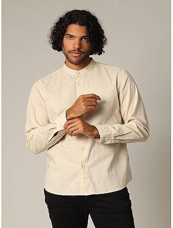 Chemise unie en lin avec col mao et manches longues 'deeluxe'