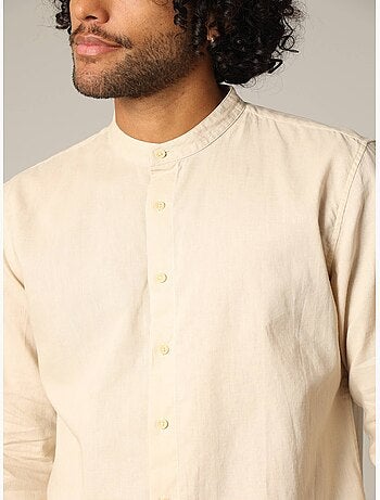 Chemise unie en lin avec col mao et manches longues 'deeluxe'