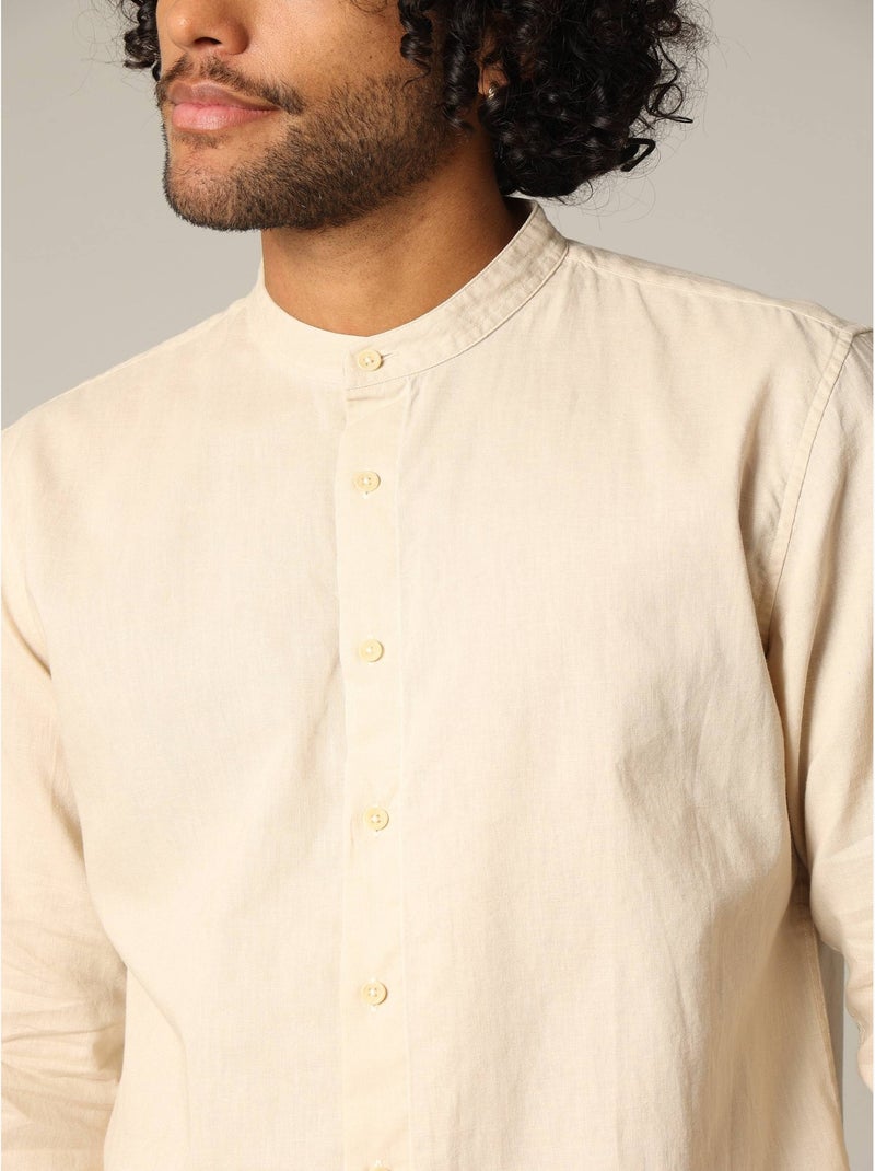 Chemise unie en lin avec col mao et manches longues 'deeluxe' Beige clair - Kiabi