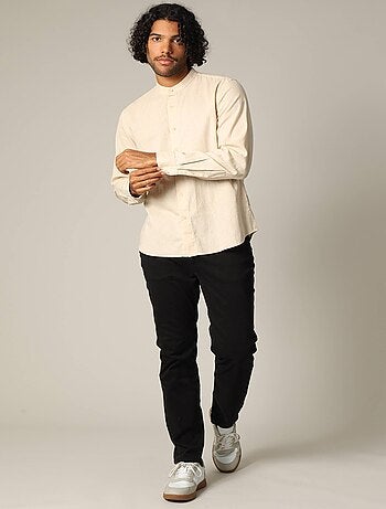 Chemise unie en lin avec col mao et manches longues 'Deeluxe'